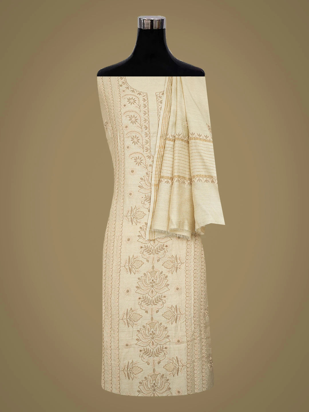 Ada Hand Embroidered Fawn Moonga Silk Lucknowi Chikankari Unstitched Kurta Dupatta Set 01A729065