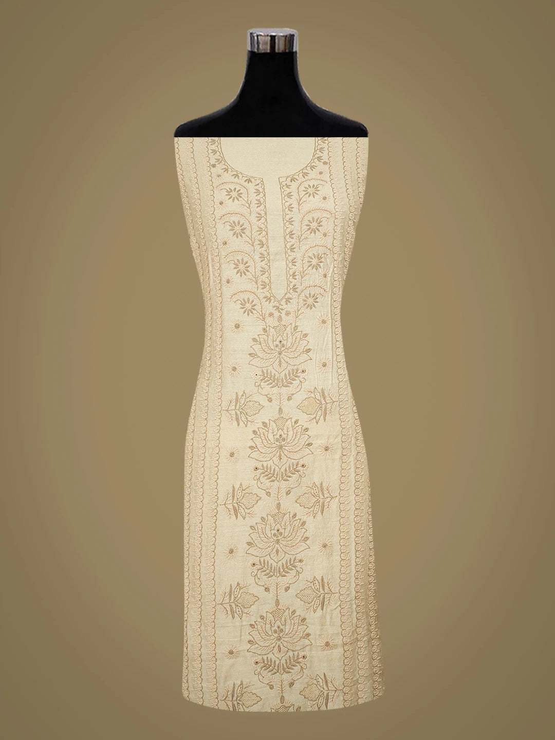 Ada Hand Embroidered Fawn Moonga Silk Lucknowi Chikankari Unstitched Kurta Dupatta Set 01A729065