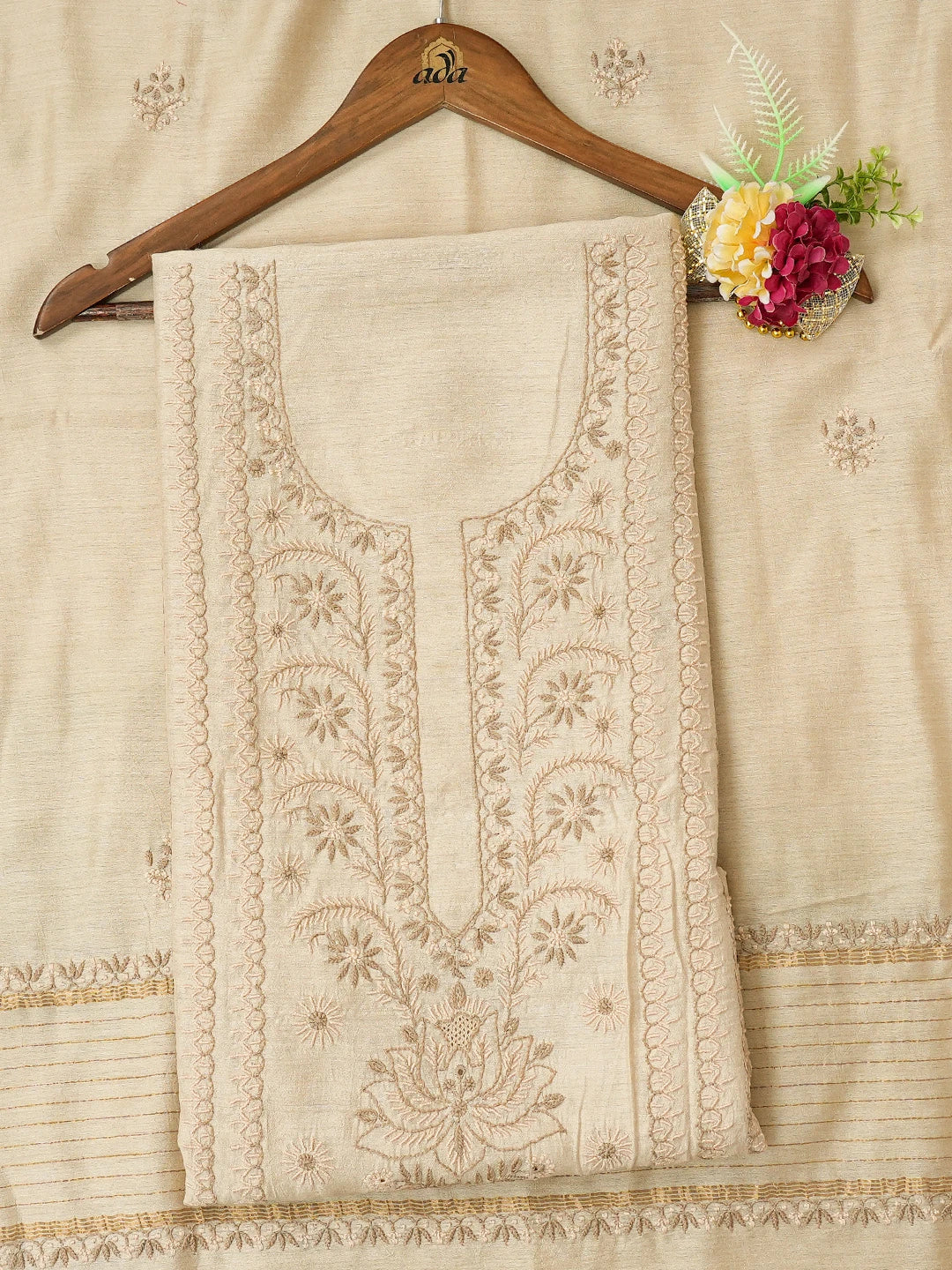 Ada Hand Embroidered Fawn Moonga Silk Lucknowi Chikankari Unstitched Kurta Dupatta Set 01A729065