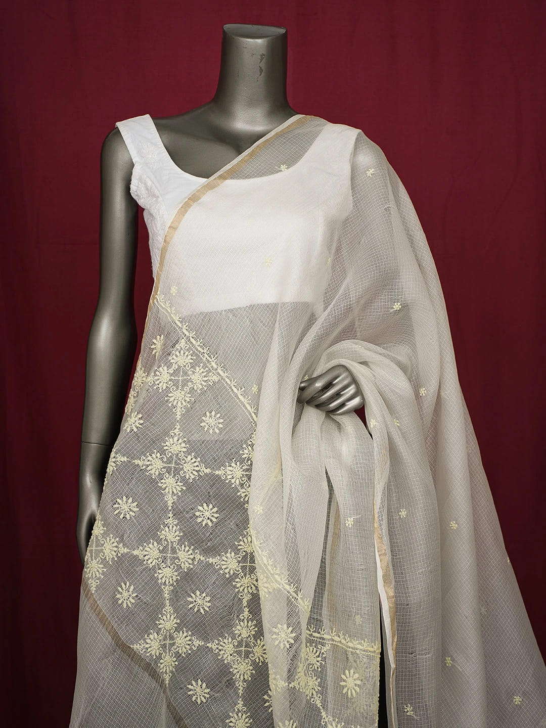 Ada Hand Embroidered Ivory White Kota Lucknowi Chikankari Dupatta With Zari Work 01A727782