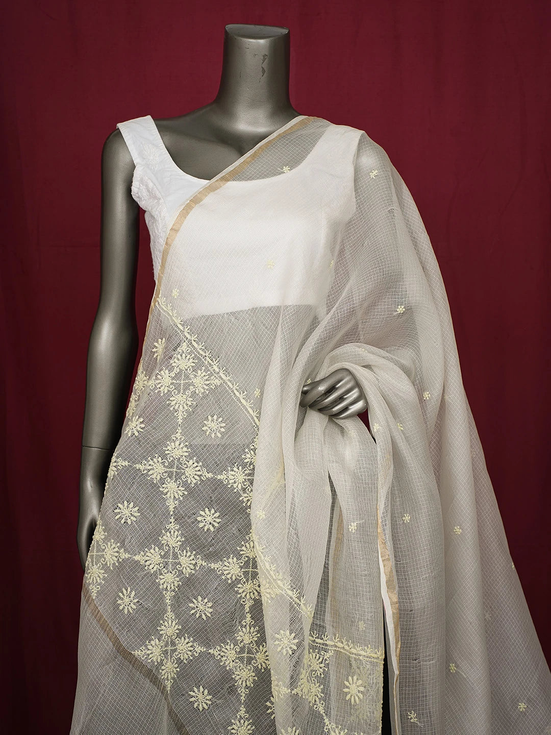 Ada Hand Embroidered Ivory White Kota Lucknowi Chikankari Dupatta With Zari Work 01A727782
