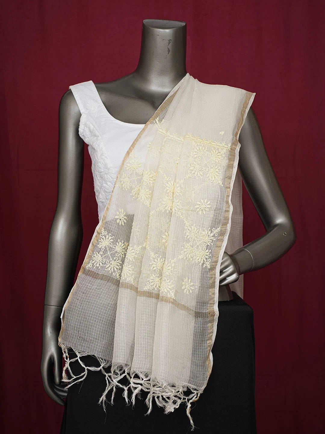 Ada Hand Embroidered Ivory White Kota Lucknowi Chikankari Dupatta With Zari Work 01A727782