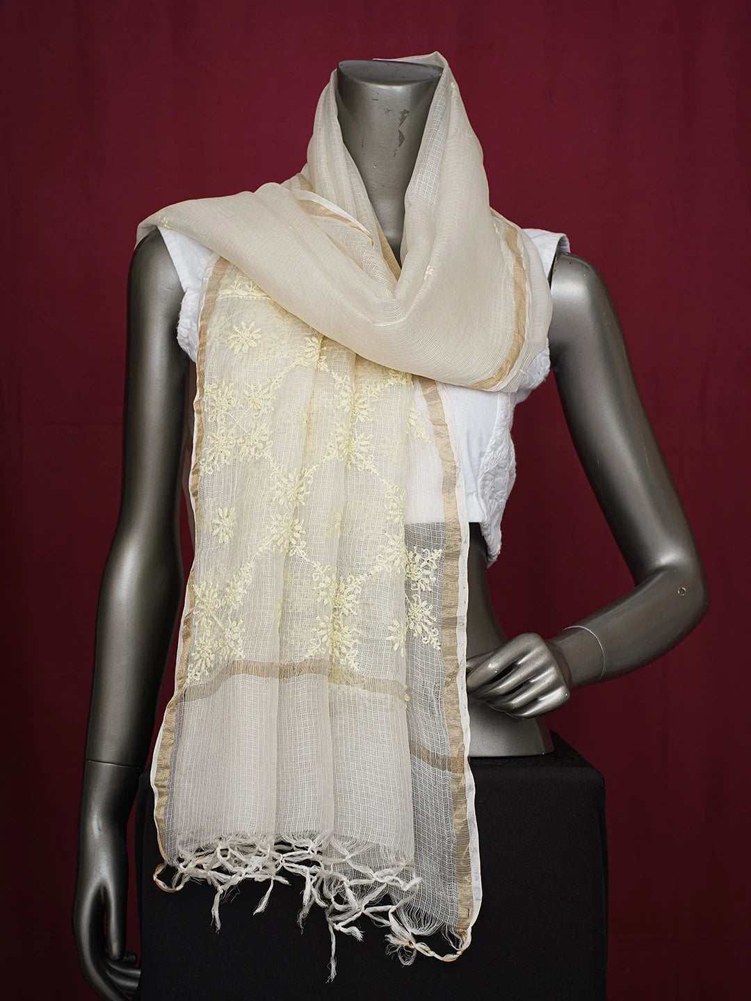 Ada Hand Embroidered Ivory White Kota Lucknowi Chikankari Dupatta With Zari Work 01A727782