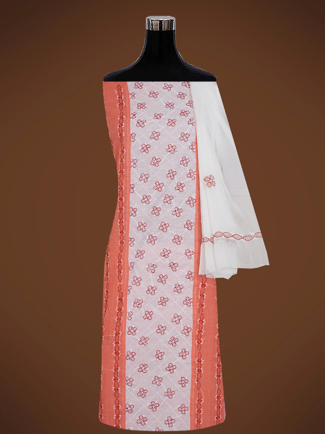 Ada Hand Embroidered Peach & White Cotton Lucknowi Chikankari Unstitched Suit Piece 01A679994