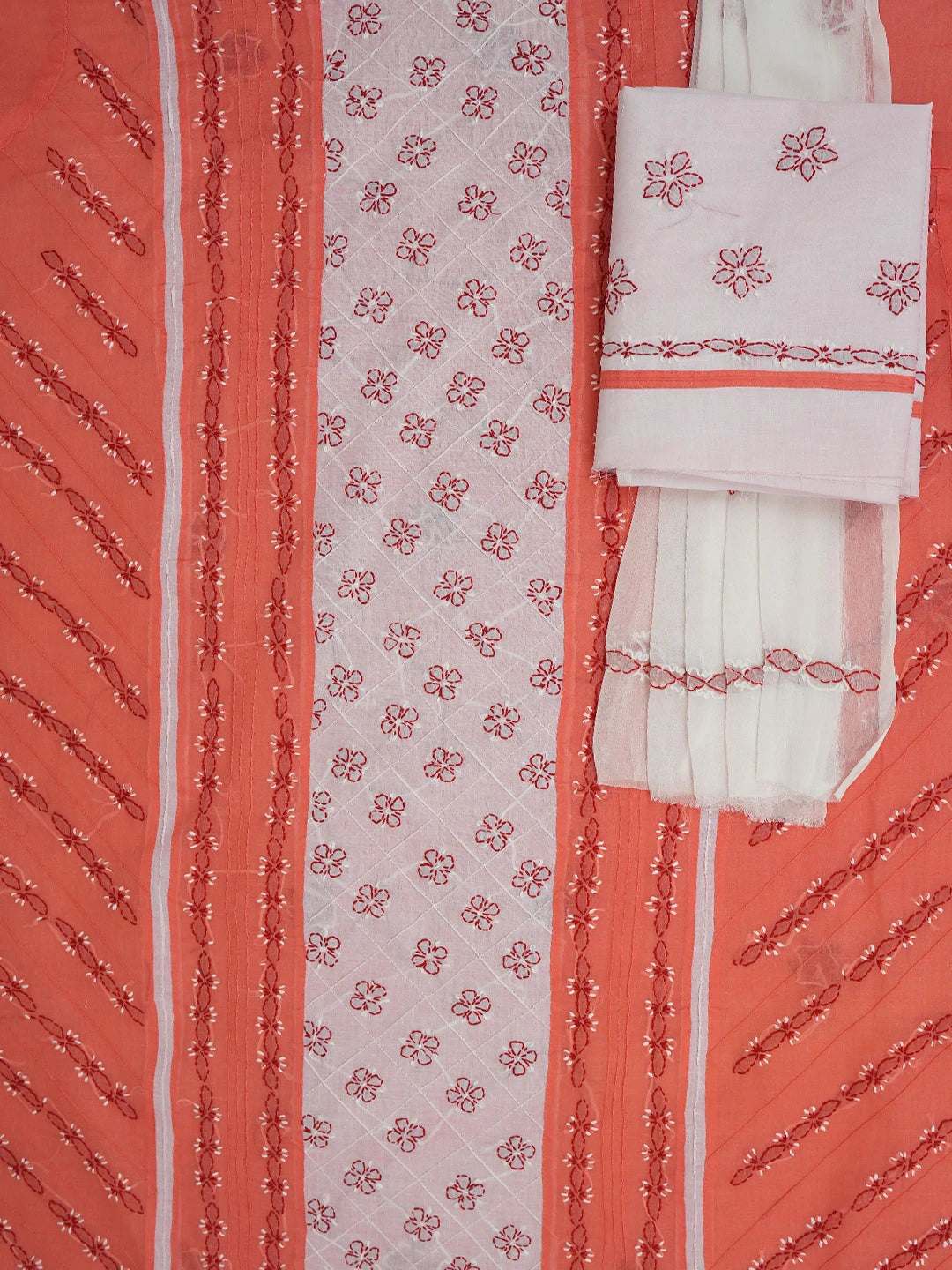 Ada Hand Embroidered Peach & White Cotton Lucknowi Chikankari Unstitched Suit Piece 01A679994