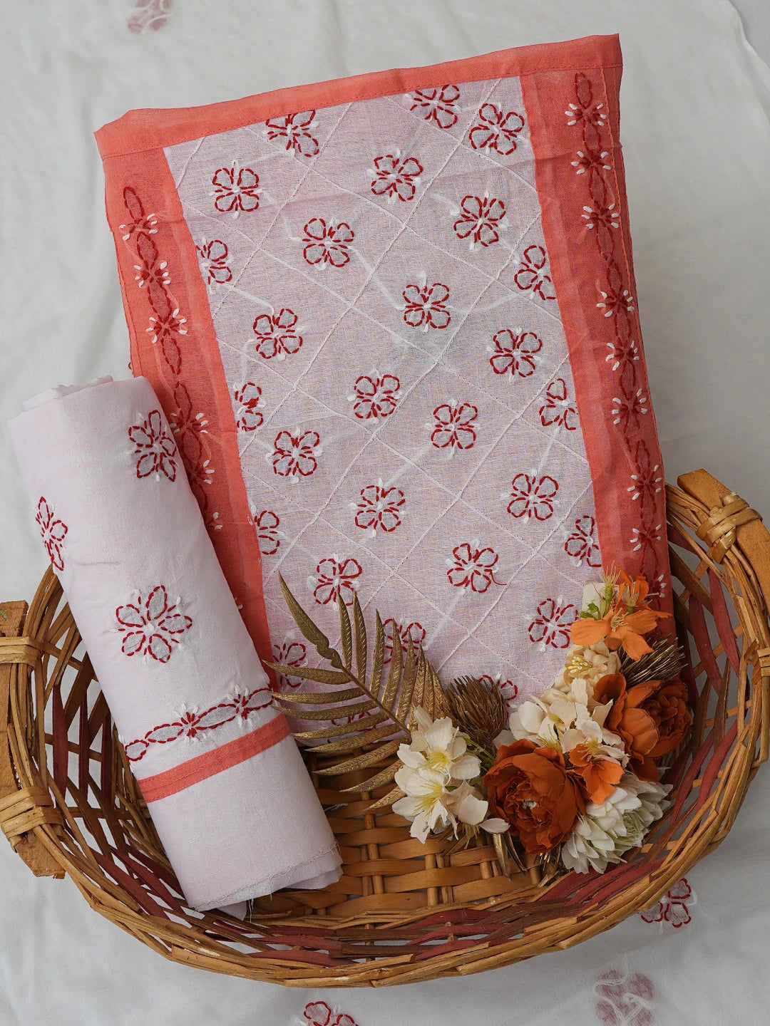 Ada Hand Embroidered Peach & White Cotton Lucknowi Chikankari Unstitched Suit Piece 01A679994