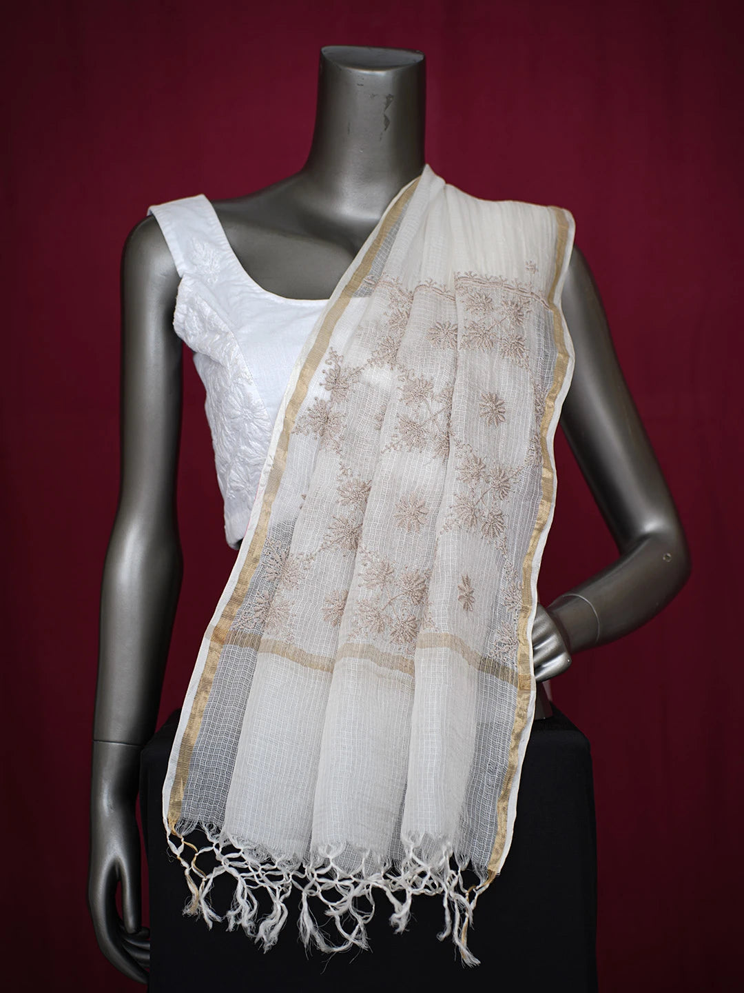Ada Hand Embroidered Ivory White Kota Silk Lucknowi Chikankari Dupatta With Zari Work 01A680487