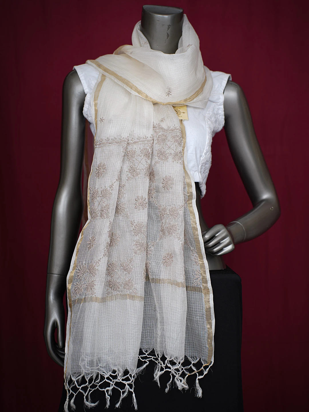 Ada Hand Embroidered Ivory White Kota Silk Lucknowi Chikankari Dupatta With Zari Work 01A680487