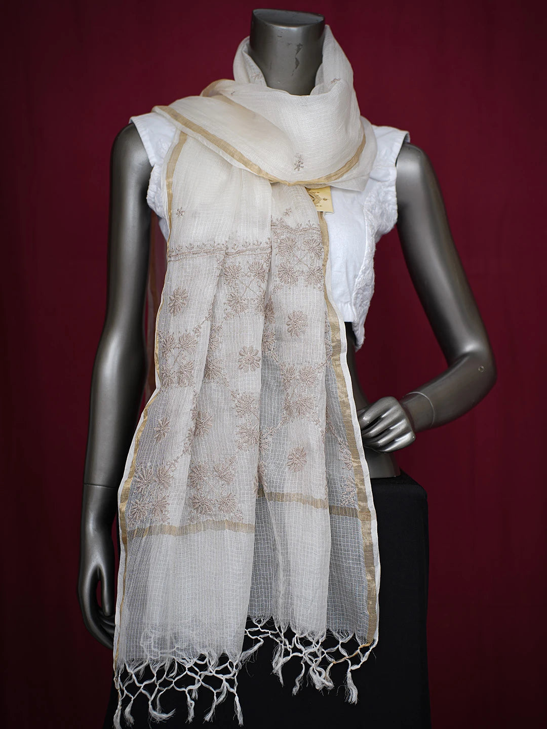 Ada Hand Embroidered Ivory White Kota Silk Lucknowi Chikankari Dupatta With Zari Work 01A680487