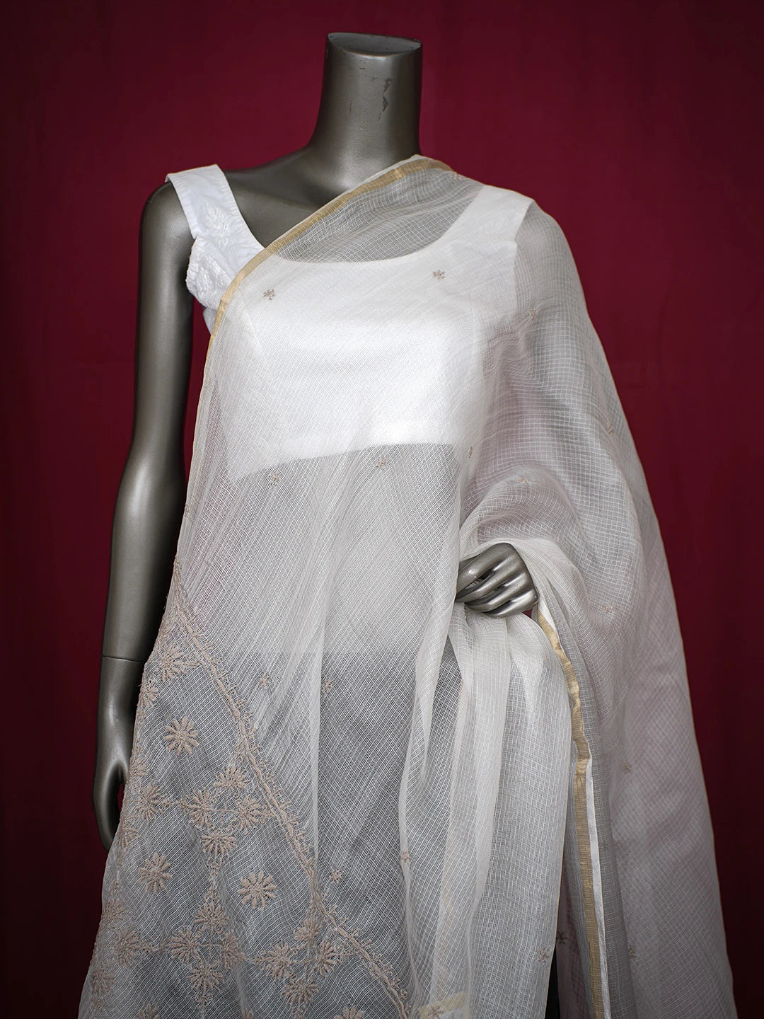 Ada Hand Embroidered Ivory White Kota Silk Lucknowi Chikankari Dupatta With Zari Work 01A680487