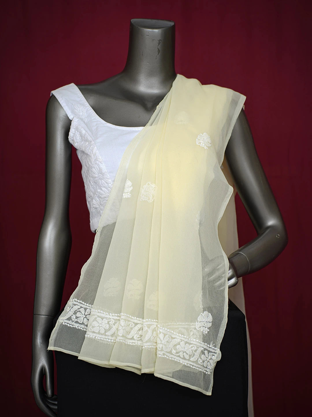 Ada Hand Embroidered Lemon Georgette Lucknowi Chikankari Dupatta 01A429428