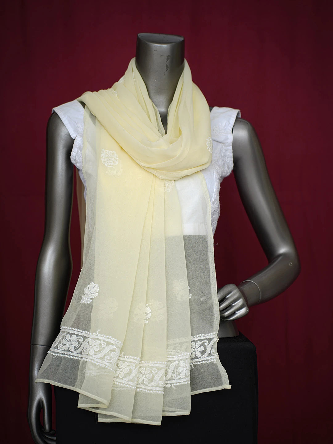 Ada Hand Embroidered Lemon Georgette Lucknowi Chikankari Dupatta 01A429428