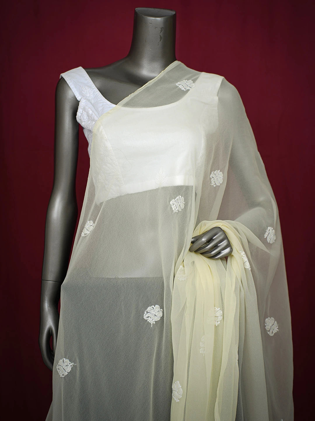 Ada Hand Embroidered Lemon Georgette Lucknowi Chikankari Dupatta 01A429428