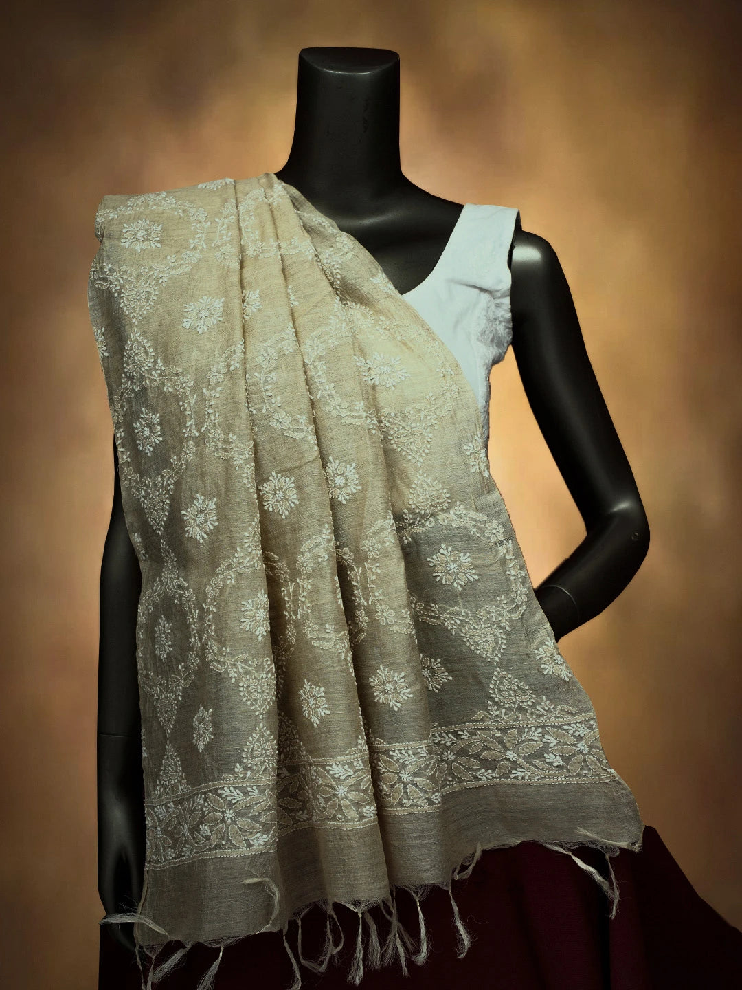 Ada Hand Embroidered Fawn Silk Lucknowi Chikankari Dupatta 01A717544