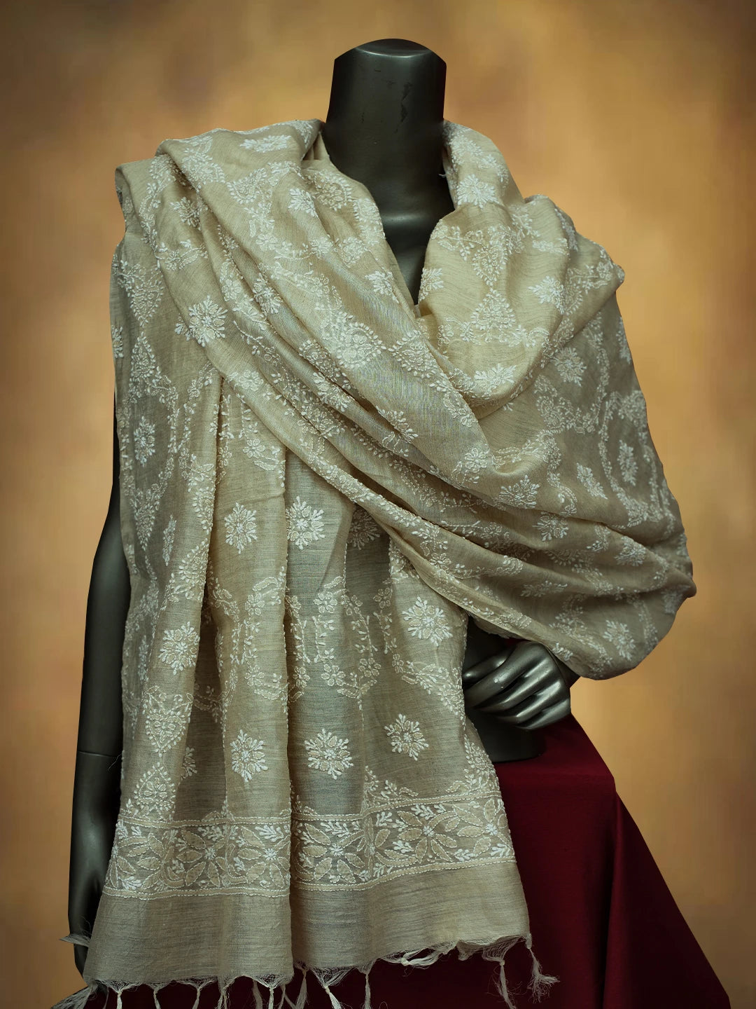 Ada Hand Embroidered Fawn Silk Lucknowi Chikankari Dupatta 01A717544