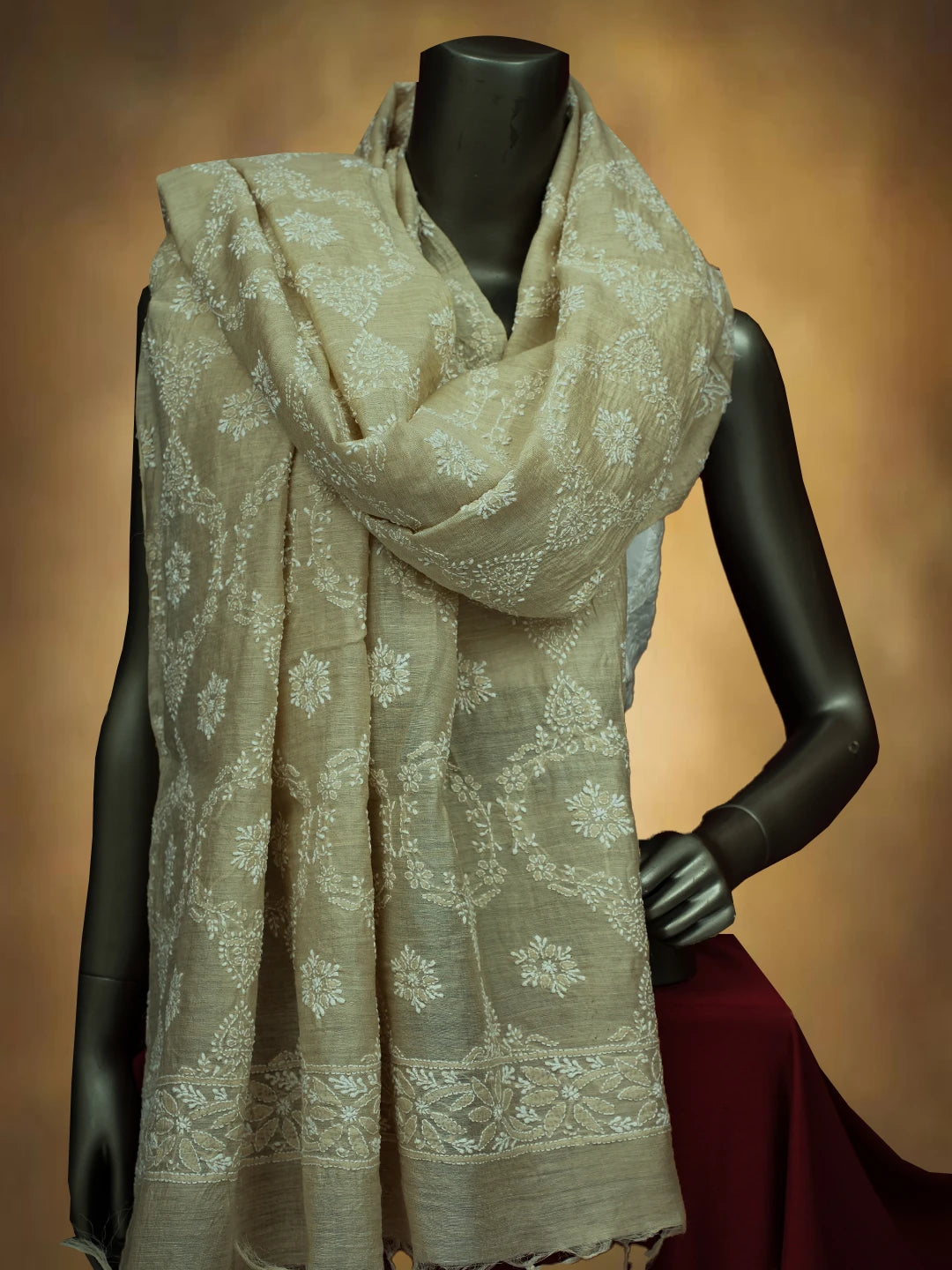 Ada Hand Embroidered Fawn Silk Lucknowi Chikankari Dupatta 01A717544