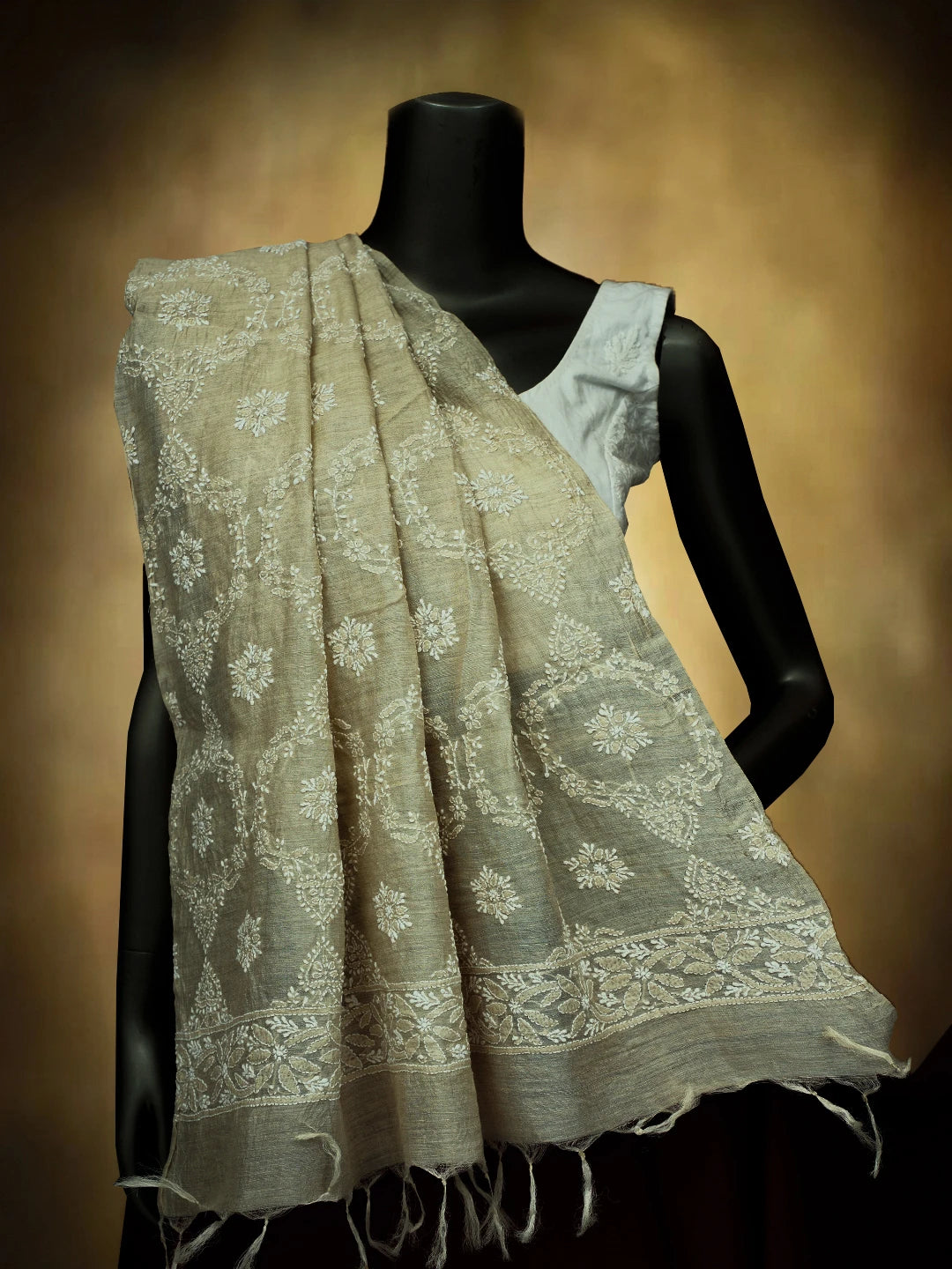 Ada Hand Embroidered Fawn Silk Lucknowi Chikankari Dupatta 01A717544
