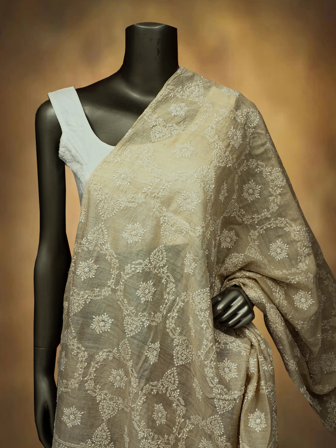 Ada Hand Embroidered Fawn Silk Lucknowi Chikankari Dupatta 01A717544