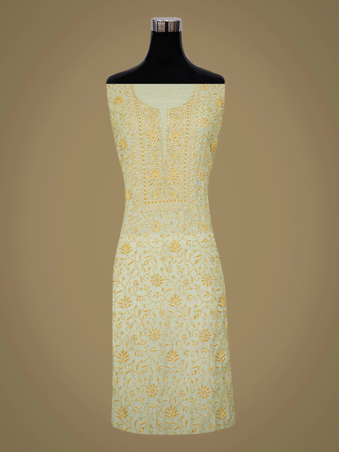 Ada Hand Embroidered Olive Green Chanderi Lucknowi Chikankari Unstitched Kurta Dupatta Set With Cutdana Work 01A712208