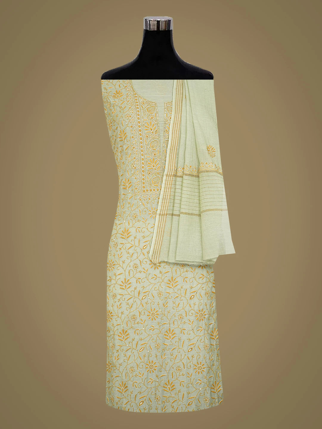 Ada Hand Embroidered Olive Green Chanderi Lucknowi Chikankari Unstitched Kurta Dupatta Set With Cutdana Work 01A712208