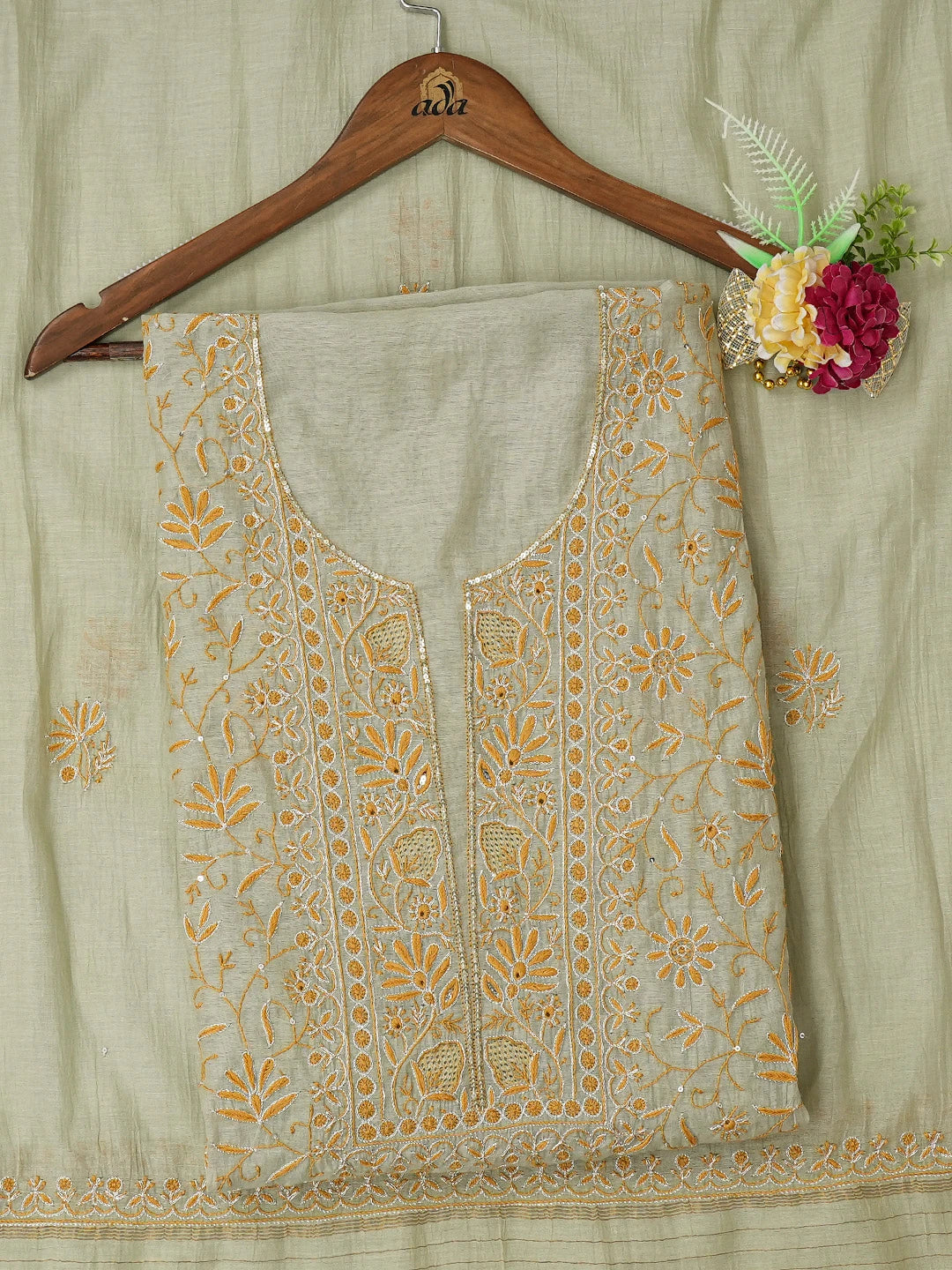 Ada Hand Embroidered Olive Green Chanderi Lucknowi Chikankari Unstitched Kurta Dupatta Set With Cutdana Work 01A712208