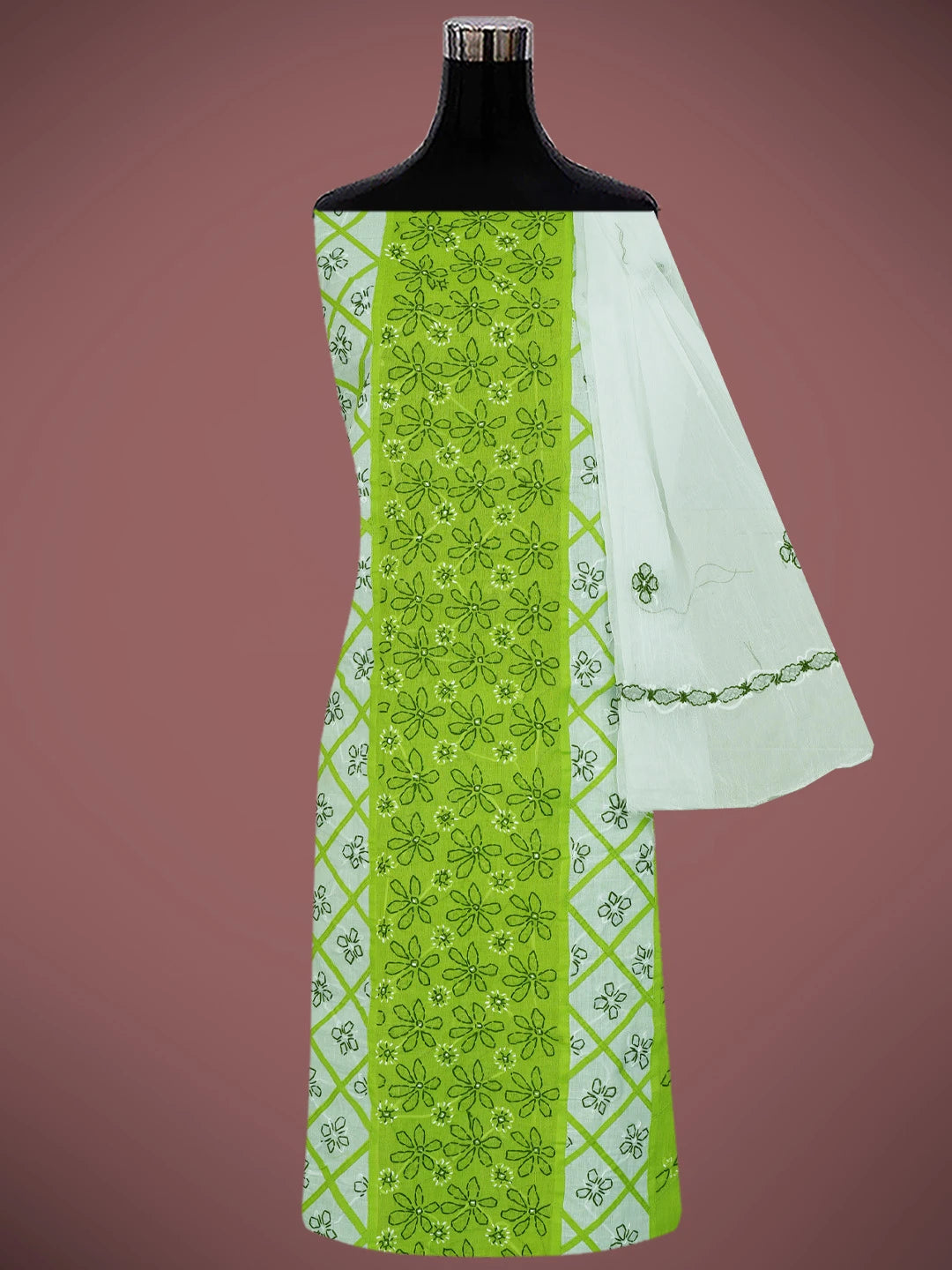 Ada Hand Embroidered Lime Green & White Cotton Lucknowi Chikankari Unstitched Suit Piece 01A679985