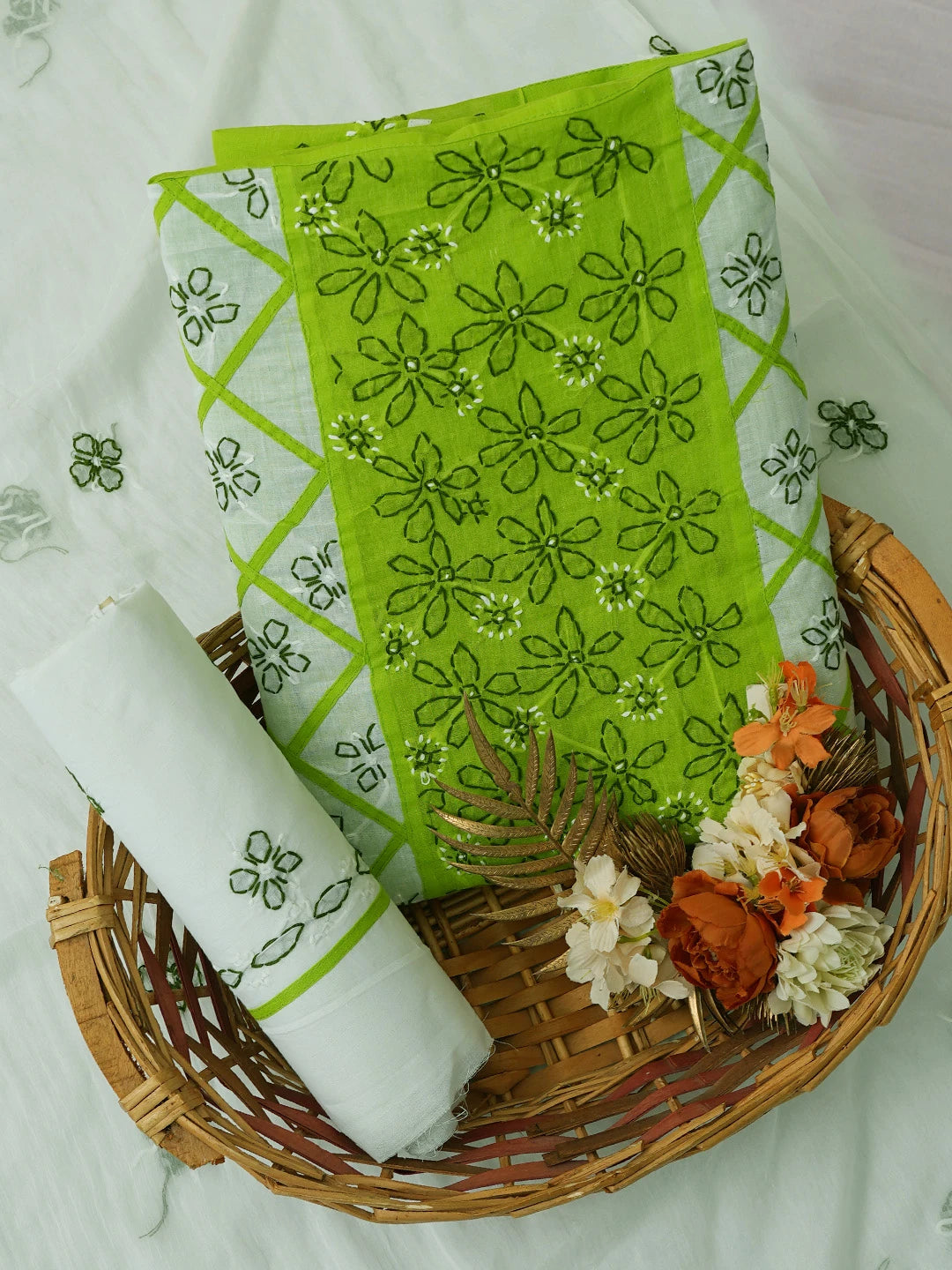Ada Hand Embroidered Lime Green & White Cotton Lucknowi Chikankari Unstitched Suit Piece 01A679985