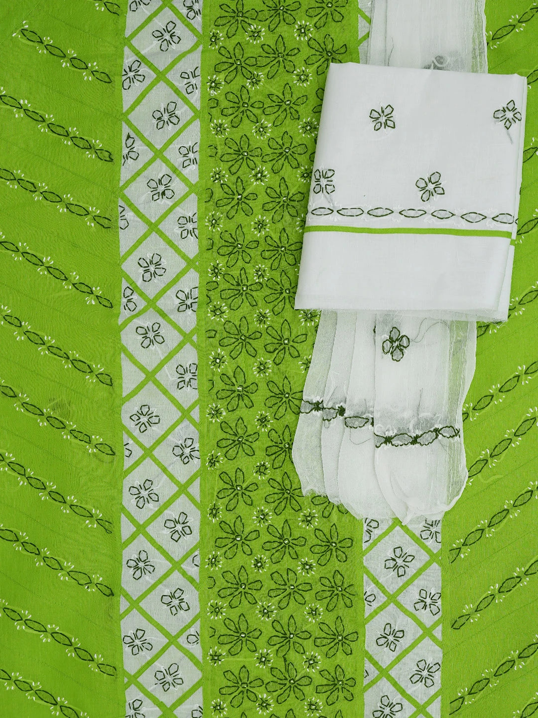 Ada Hand Embroidered Lime Green & White Cotton Lucknowi Chikankari Unstitched Suit Piece 01A679985