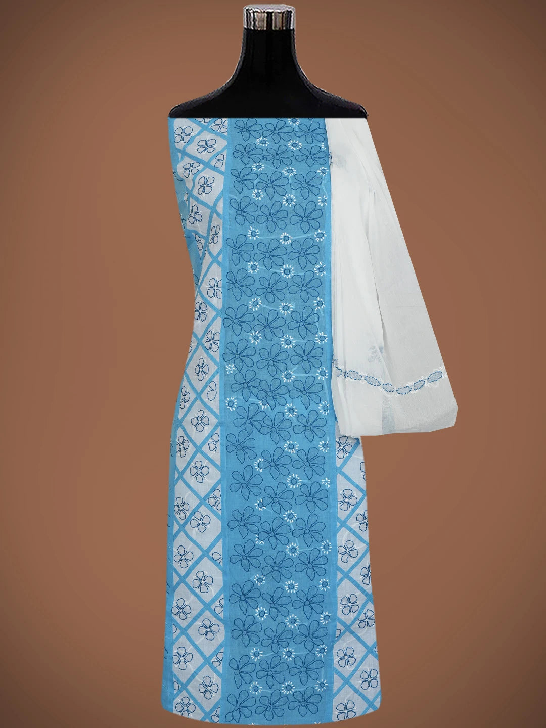 Ada Hand Embroidered Blue & White Cotton Lucknowi Chikankari Unstitched Suit Piece 01A680026