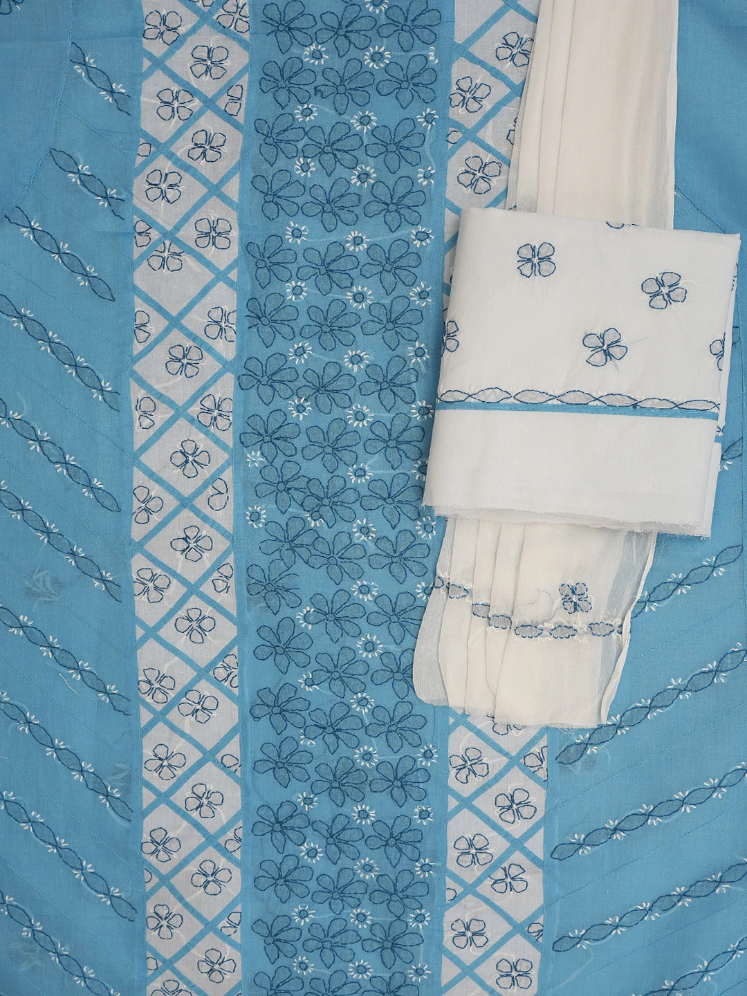 Ada Hand Embroidered Blue & White Cotton Lucknowi Chikankari Unstitched Suit Piece 01A680026