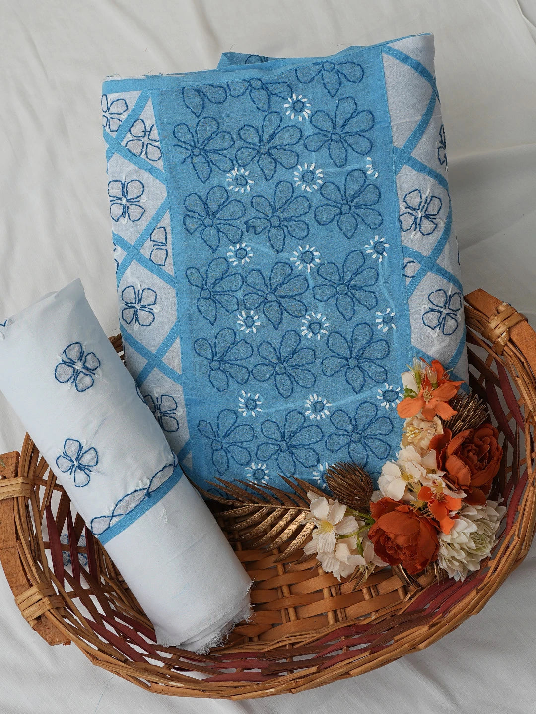 Ada Hand Embroidered Blue & White Cotton Lucknowi Chikankari Unstitched Suit Piece 01A680026
