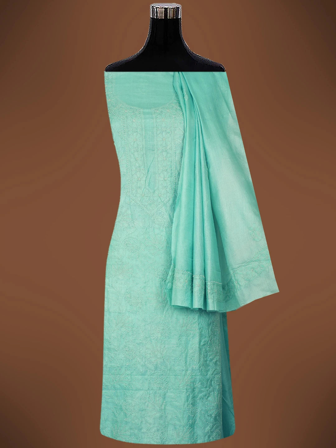 Ada Hand Embroidered Sea Green Silk Lucknowi Chikankari Unstitched Kurta Dupatta Set 01A729193