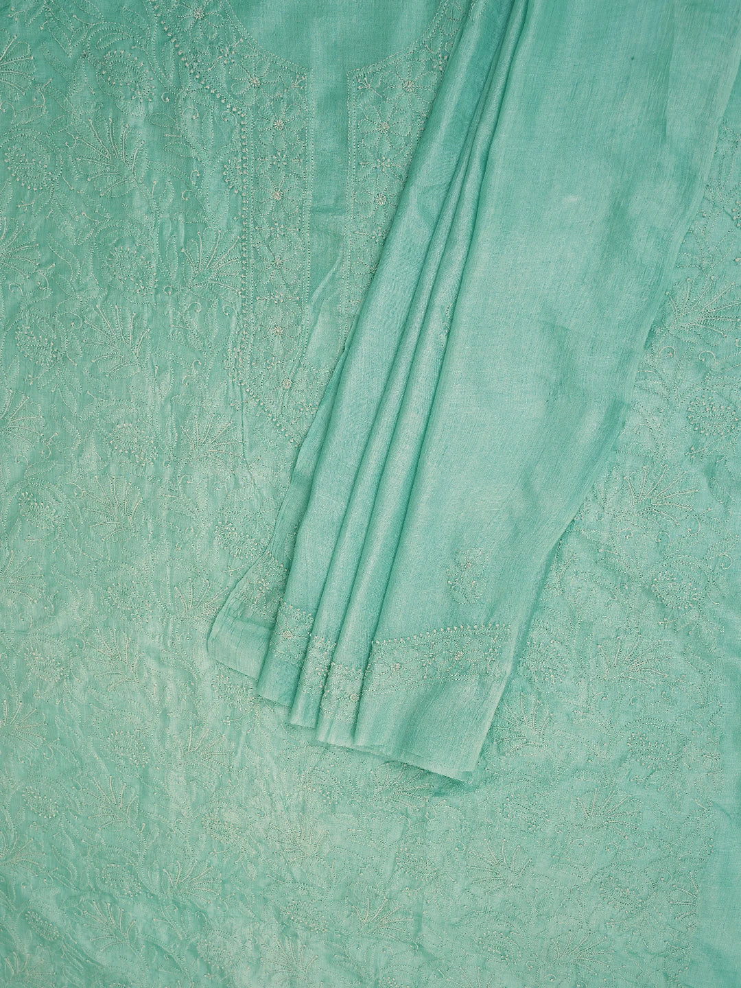Ada Hand Embroidered Sea Green Silk Lucknowi Chikankari Unstitched Kurta Dupatta Set 01A729193