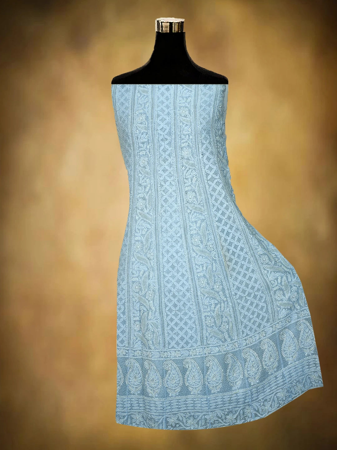 Ada Hand Embroidered Powder Blue Pure Georgette Lucknowi Chikankari Semi-Stitched Anarkali Kurta Dupatta Set With Pearl Work 01A700254