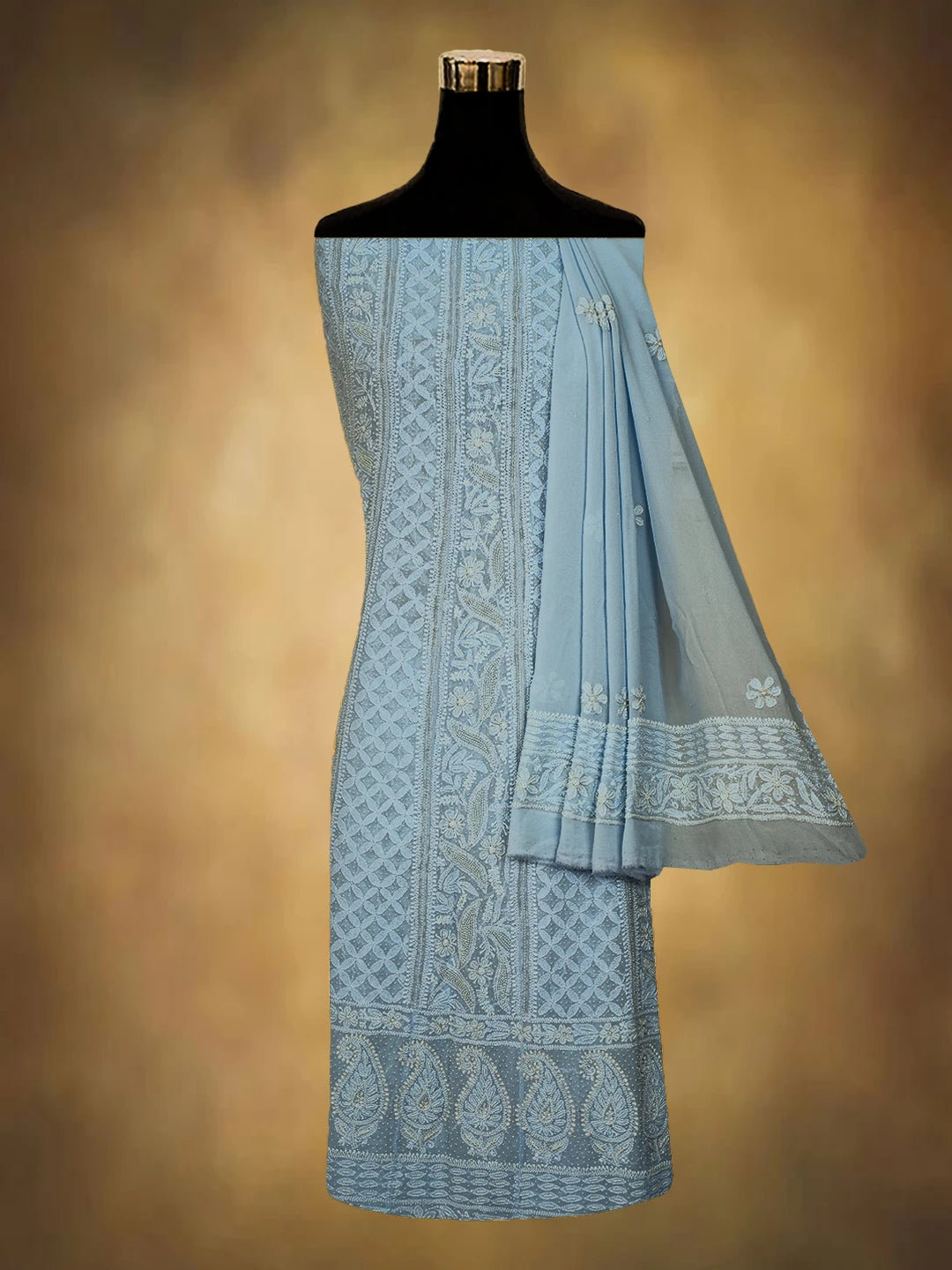 Ada Hand Embroidered Powder Blue Pure Georgette Lucknowi Chikankari Semi-Stitched Anarkali Kurta Dupatta Set With Pearl Work 01A700254