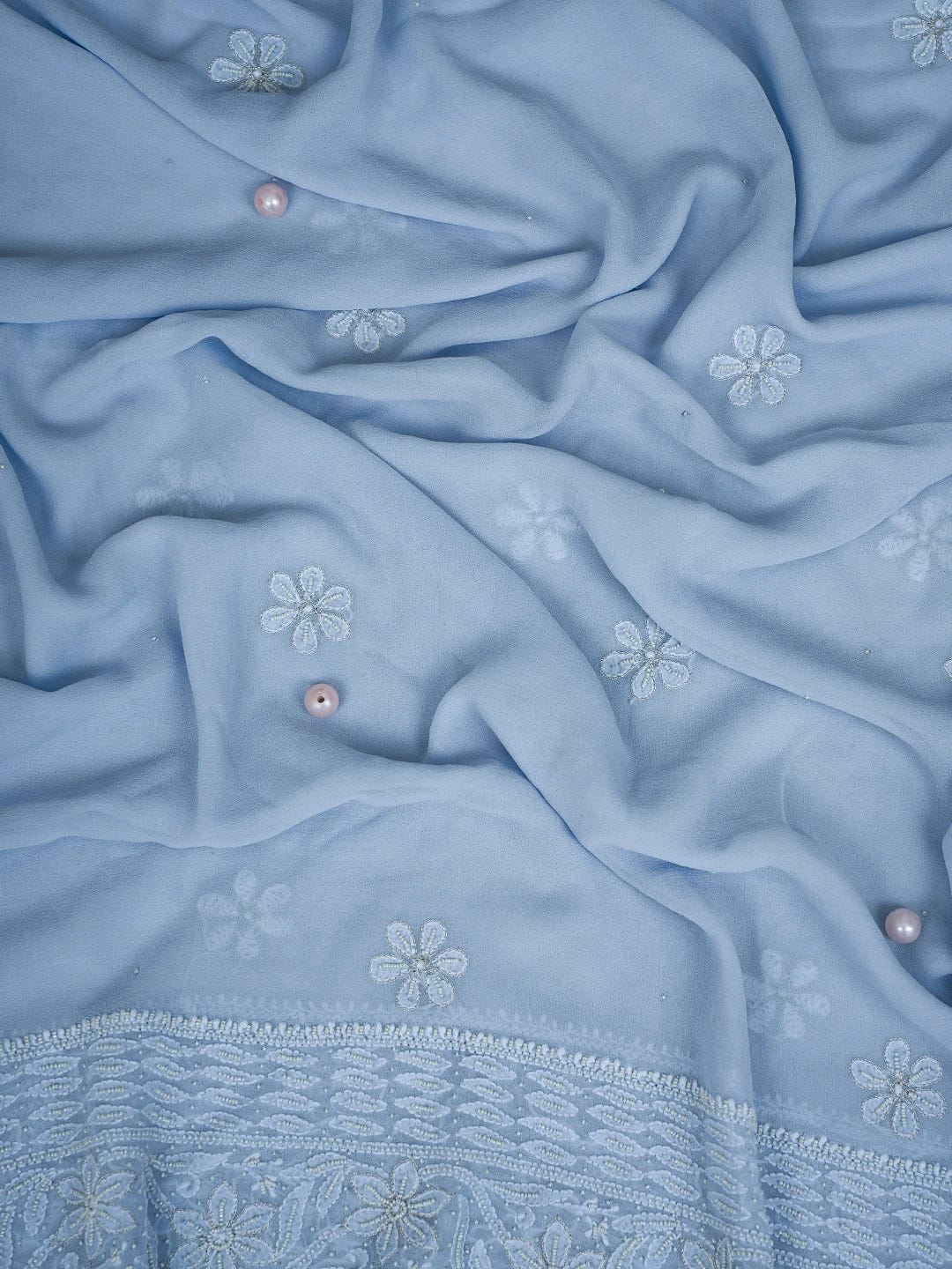 Ada Hand Embroidered Powder Blue Pure Georgette Lucknowi Chikankari Semi-Stitched Anarkali Kurta Dupatta Set With Pearl Work 01A700254