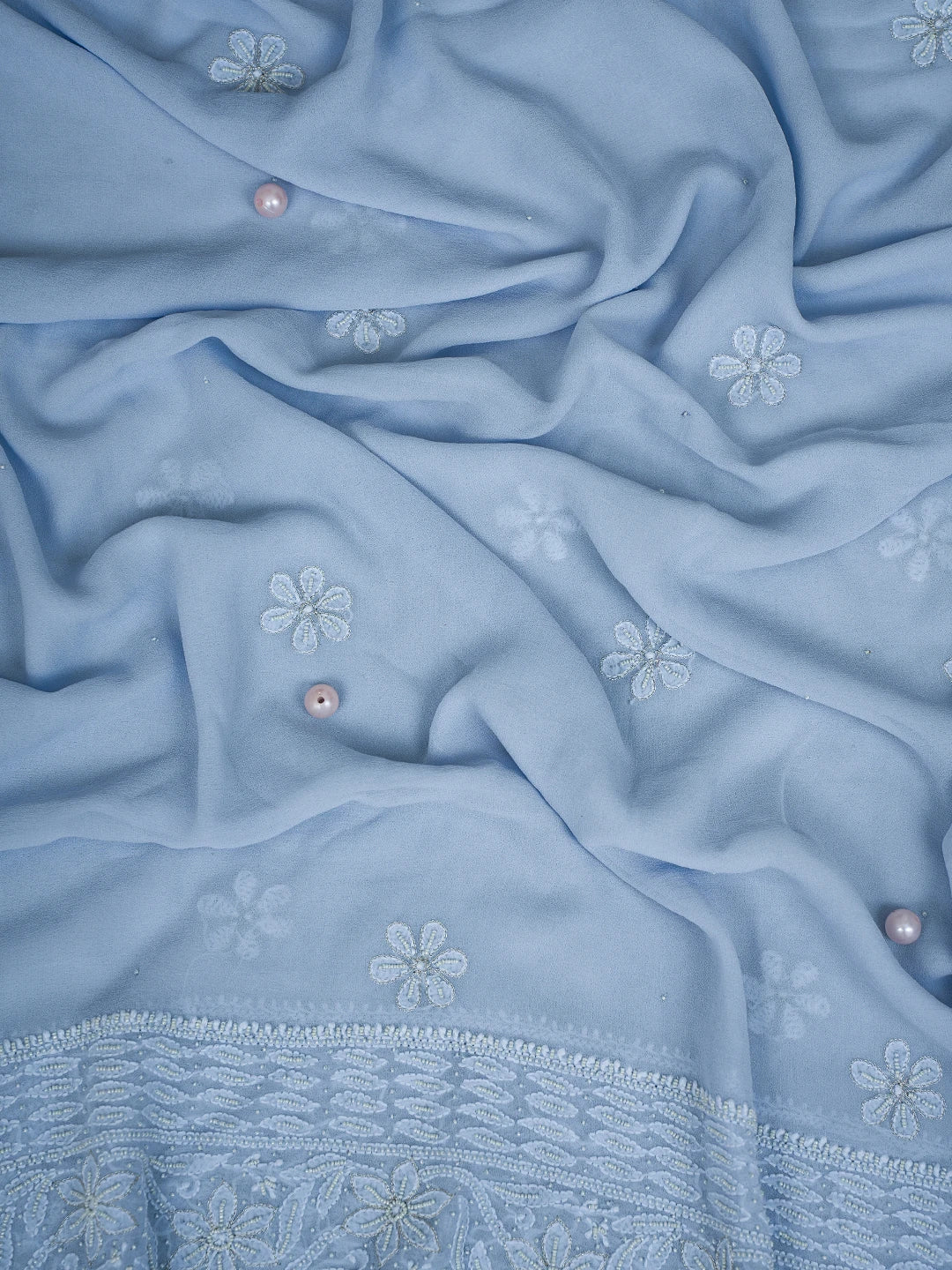 Ada Hand Embroidered Powder Blue Pure Georgette Lucknowi Chikankari Semi-Stitched Anarkali Kurta Dupatta Set With Pearl Work 01A700254