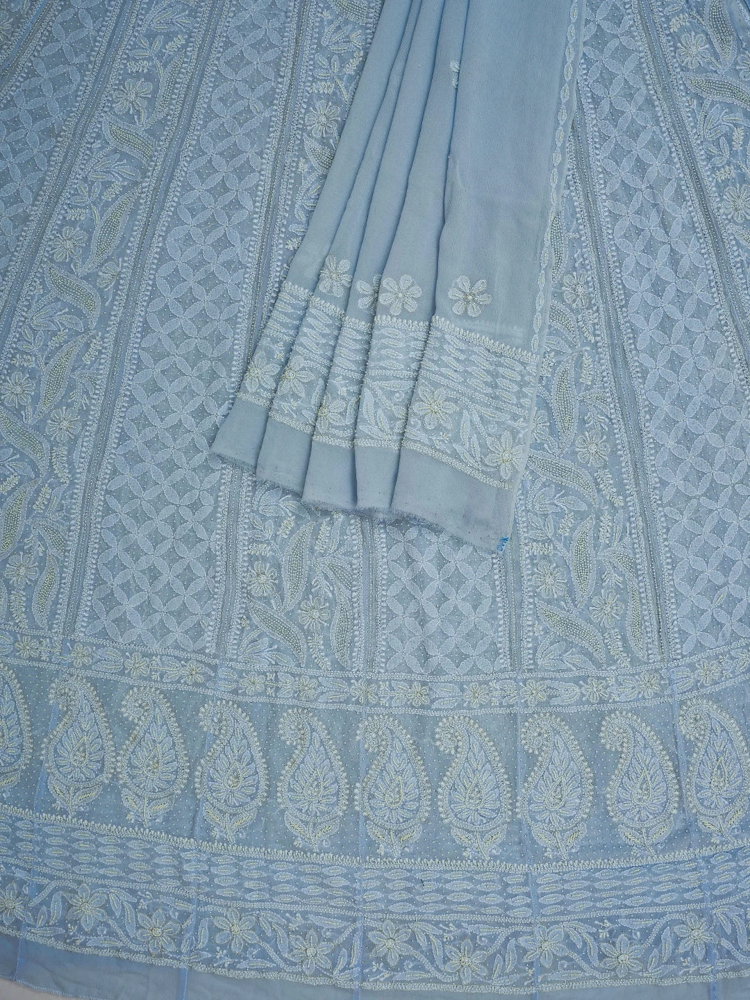 Ada Hand Embroidered Powder Blue Pure Georgette Lucknowi Chikankari Semi-Stitched Anarkali Kurta Dupatta Set With Pearl Work 01A700254