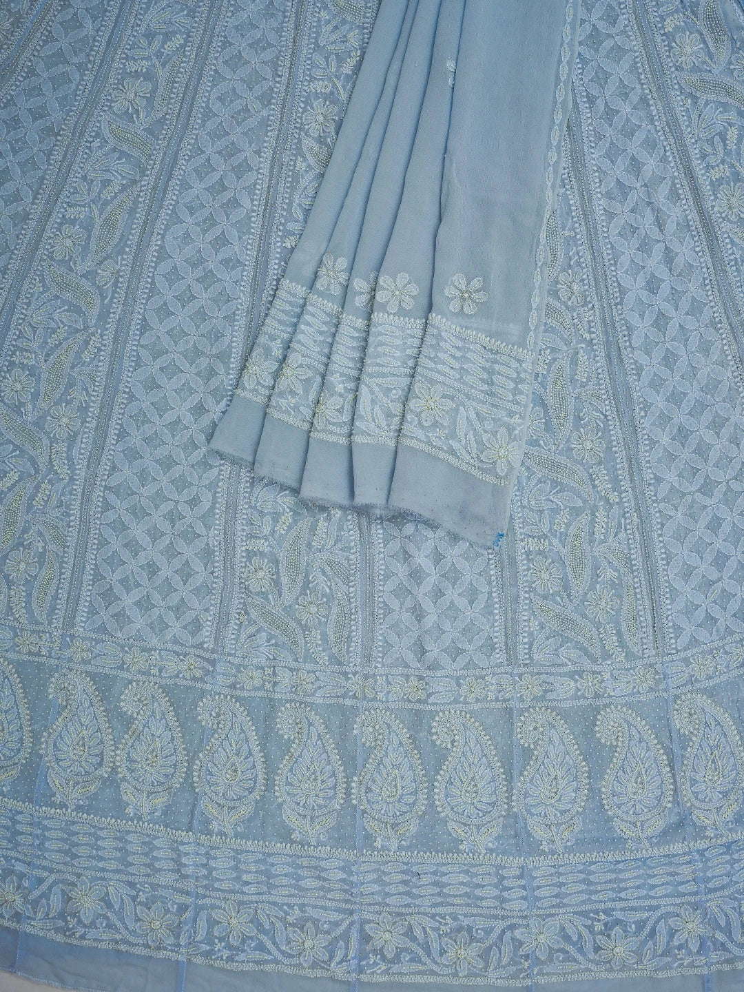 Ada Hand Embroidered Powder Blue Pure Georgette Lucknowi Chikankari Semi-Stitched Anarkali Kurta Dupatta Set With Pearl Work 01A700254