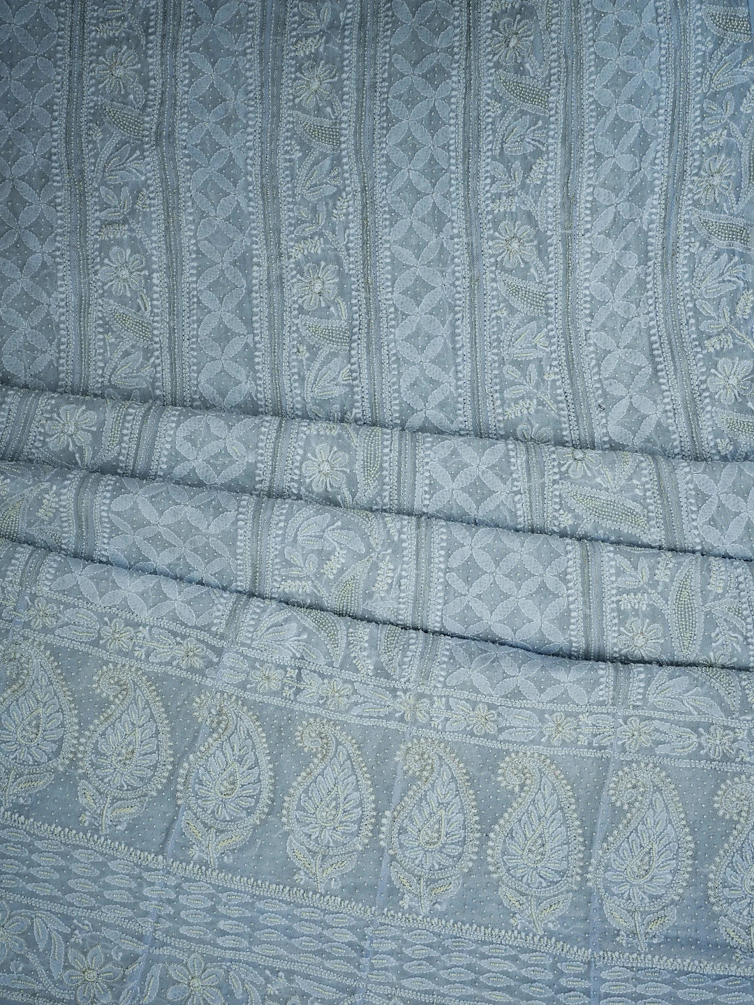 Ada Hand Embroidered Powder Blue Pure Georgette Lucknowi Chikankari Semi-Stitched Anarkali Kurta Dupatta Set With Pearl Work 01A700254