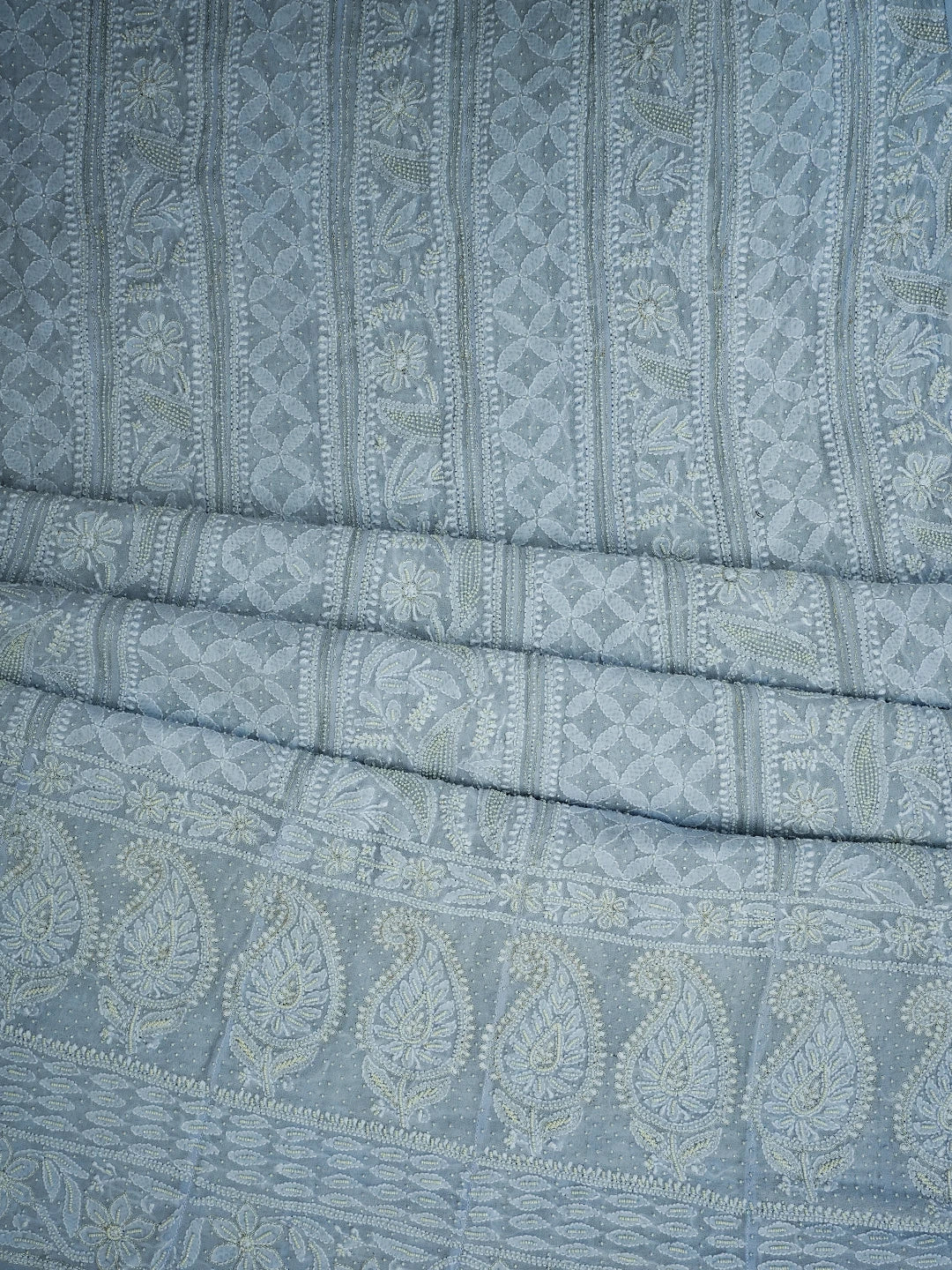 Ada Hand Embroidered Powder Blue Pure Georgette Lucknowi Chikankari Semi-Stitched Anarkali Kurta Dupatta Set With Pearl Work 01A700254