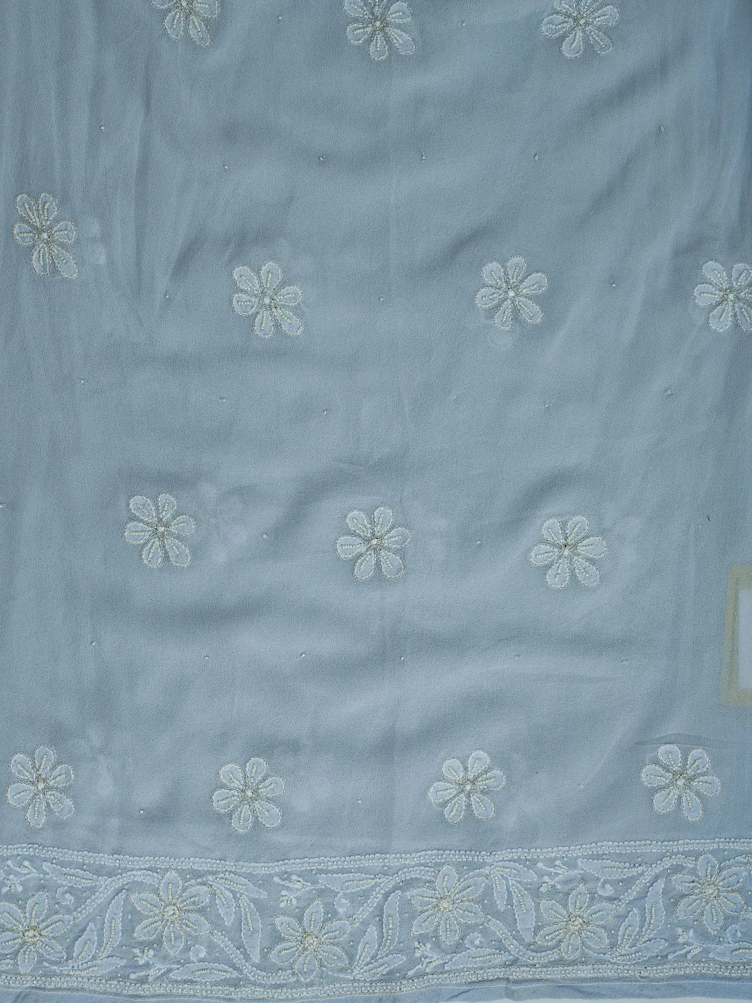 Ada Hand Embroidered Powder Blue Pure Georgette Lucknowi Chikankari Semi-Stitched Anarkali Kurta Dupatta Set With Pearl Work 01A700254