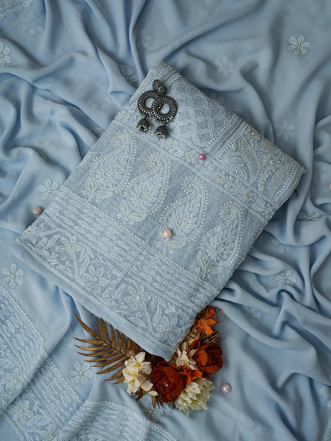 Ada Hand Embroidered Powder Blue Pure Georgette Lucknowi Chikankari Semi-Stitched Anarkali Kurta Dupatta Set With Pearl Work 01A700254