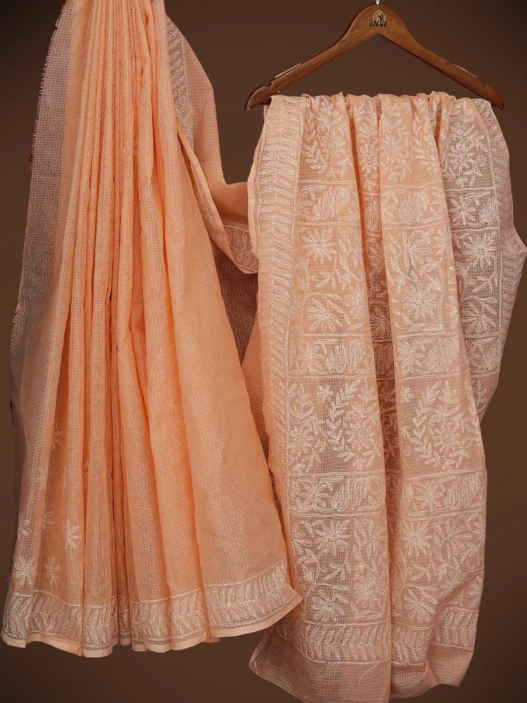 Ada Hand Embroidered Peach Kota Lucknowi Chikankari Saree and Blouse 01A711528