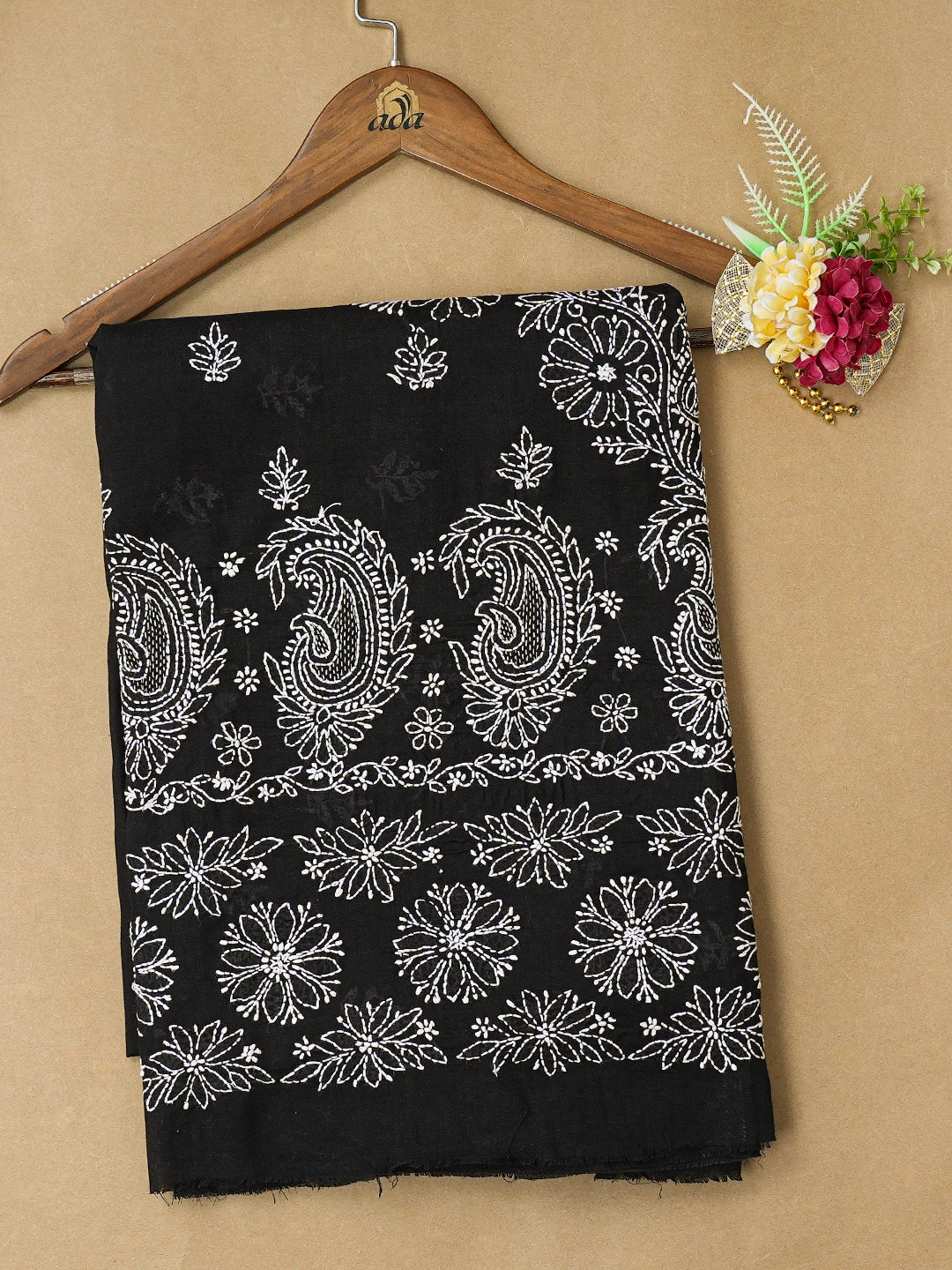 Ada Hand Embroidered Black Cotton Lucknowi Chikankari Unstitched Kurta Piece 01A712183