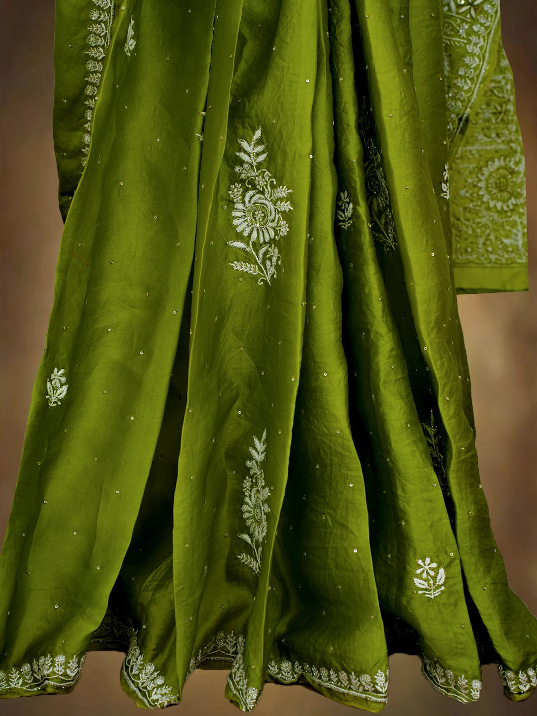 Ada Hand Embroidered Green Organza Lucknowi Chikankari Saree and Blouse With Cutdana Work 01A696895