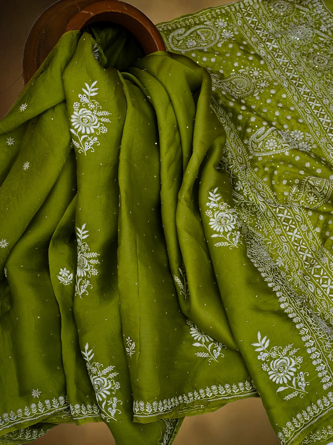 Ada Hand Embroidered Green Organza Lucknowi Chikankari Saree and Blouse With Cutdana Work 01A696895