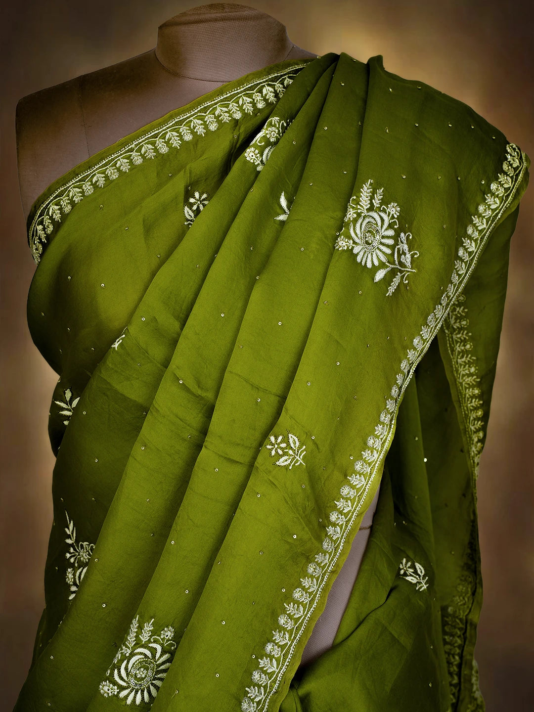 Ada Hand Embroidered Green Organza Lucknowi Chikankari Saree and Blouse With Cutdana Work 01A696895