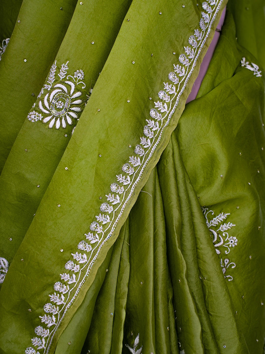 Ada Hand Embroidered Green Organza Lucknowi Chikankari Saree and Blouse With Cutdana Work 01A696895