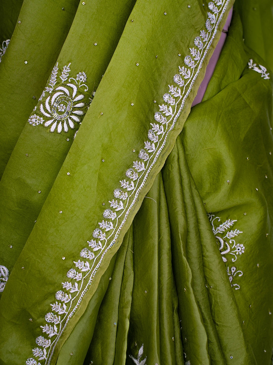 Ada Hand Embroidered Green Organza Lucknowi Chikankari Saree and Blouse With Cutdana Work 01A696895